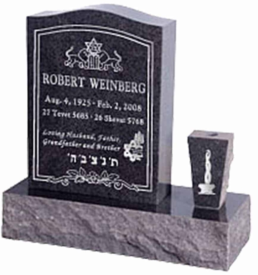 18 inch x 6 inch 24 inch Serp Top Headstone polished top front and back with 30 inch Base and square tapered vase in Imperial Black