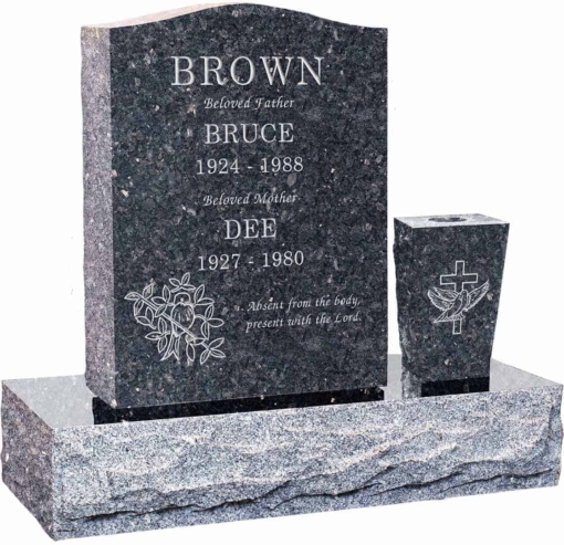 18 inch x 6 inch 24 inch Serp Top Headstone polished top front and back with 30 inch Base and square tapered vase in Blue Pearl with design S-6