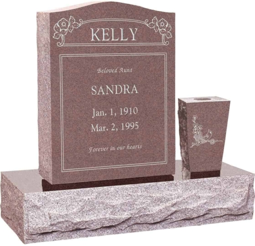 18 inch x 6 inch 24 inch Serp Top Headstone polished top front and back with 30 inch Base and square tapered vase in Desert Pink with design R-2