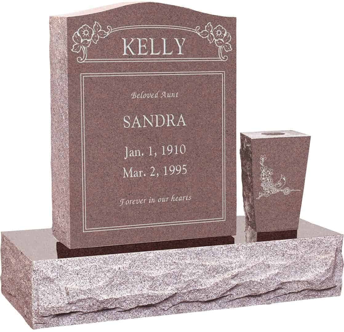 18inch_x_6inch_24inch_Serp_Top_Headstone_polished_top_front_and_back_with_30inch_Base_and_square_tapered_vase_in_Desert_Pink_with_design_R-2 18 inch x 6 inch 24 inch Serp Top Headstone polished top front and back with 30 inch Base and square tapered vase in Desert Pink with design R-2