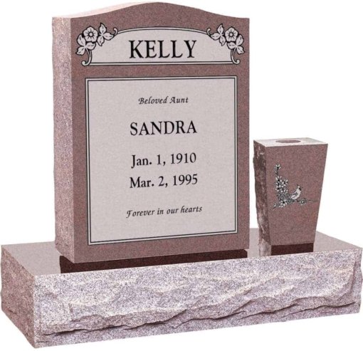 18 inch x 6 inch 24 inch Serp Top Headstone polished top front and back with 30 inch Base and square tapered vase in Desert Pink with design R-2 Sanded Panel
