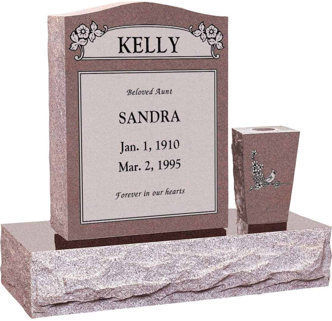 18inch_x_6inch_24inch_Serp_Top_Headstone_polished_top_front_and_back_with_30inch_Base_and_square_tapered_vase_in_Desert_Pink_with_design_R-2_Sanded_Panel 18 inch x 6 inch 24 inch Serp Top Headstone polished top front and back with 30 inch Base and square tapered vase in Desert Pink with design R-2 Sanded Panel