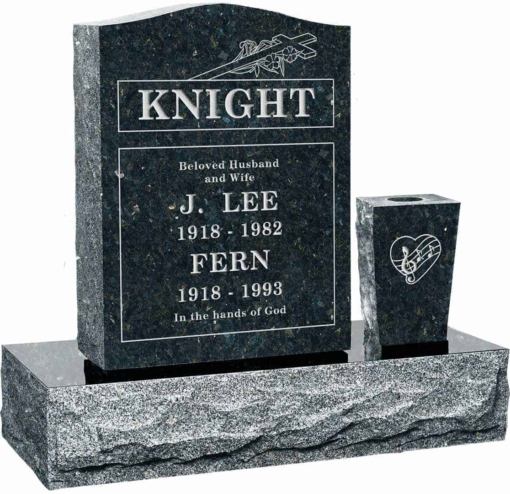18 inch x 6 inch 24 inch Serp Top Headstone polished top front and back with 30 inch Base and square tapered vase in Emerald Pearl with design R-31
