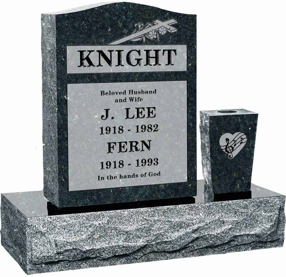 18inch_x_6inch_24inch_Serp_Top_Headstone_polished_top_front_and_back_with_30inch_Base_and_square_tapered_vase_in_Emerald_Pearl_with_design_R-31_Sanded_Panel 18 inch x 6 inch 24 inch Serp Top Headstone polished top front and back with 30 inch Base and square tapered vase in Emerald Pearl with design R-31 Sanded Panel