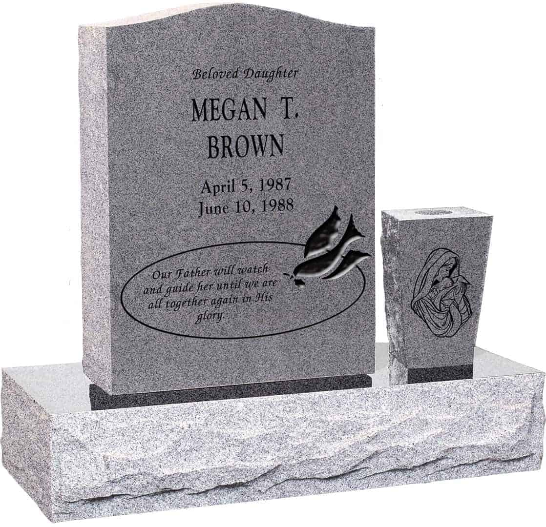 18inch_x_6inch_24inch_Serp_Top_Headstone_polished_top_front_and_back_with_30inch_Base_and_square_tapered_vase_in_Grey_with_design_R-2 18 inch x 6 inch 24 inch Serp Top Headstone polished top front and back with 30 inch Base and square tapered vase in Grey with design R-2