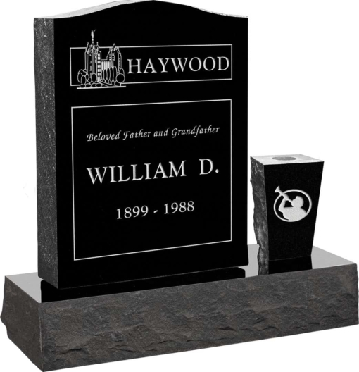 18 inch x 6 inch 24 inch Serp Top Headstone polished top front and back with 30 inch Base and square tapered vase in Imperial Grey with design R-26