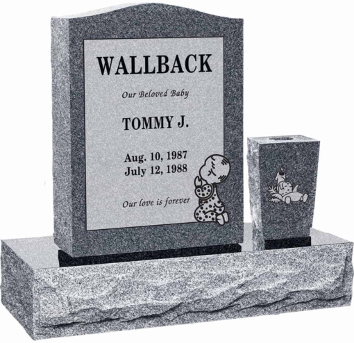 18 inch x 6 inch 24 inch Serp Top Headstone polished top front and back with 30 inch Base and square tapered vase in Imperial Grey with design R-32 Sanded Panel