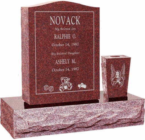 18 inch x 6 inch 24 inch Serp Top Headstone polished top front and back with 30 inch Base and square tapered vase in Imperial Red with design R-39