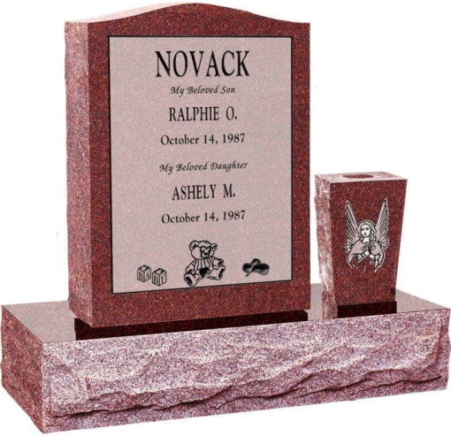 18 inch x 6 inch 24 inch Serp Top Headstone polished top front and back with 30 inch Base and square tapered vase in Imperial Red with design R-39 Sanded Panel