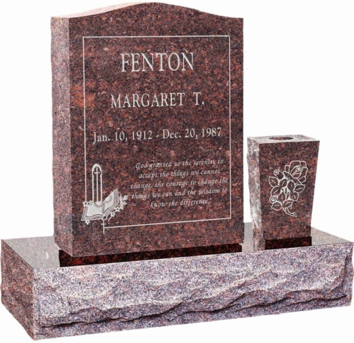 18 inch x 6 inch 24 inch Serp Top Headstone polished top front and back with 30 inch Base and square tapered vase in Mahogany with design R-10