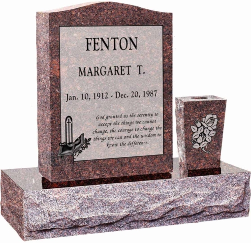 18 inch x 6 inch 24 inch Serp Top Headstone polished top front and back with 30 inch Base and square tapered vase in Mahogany with design R-10 Sanded Panel