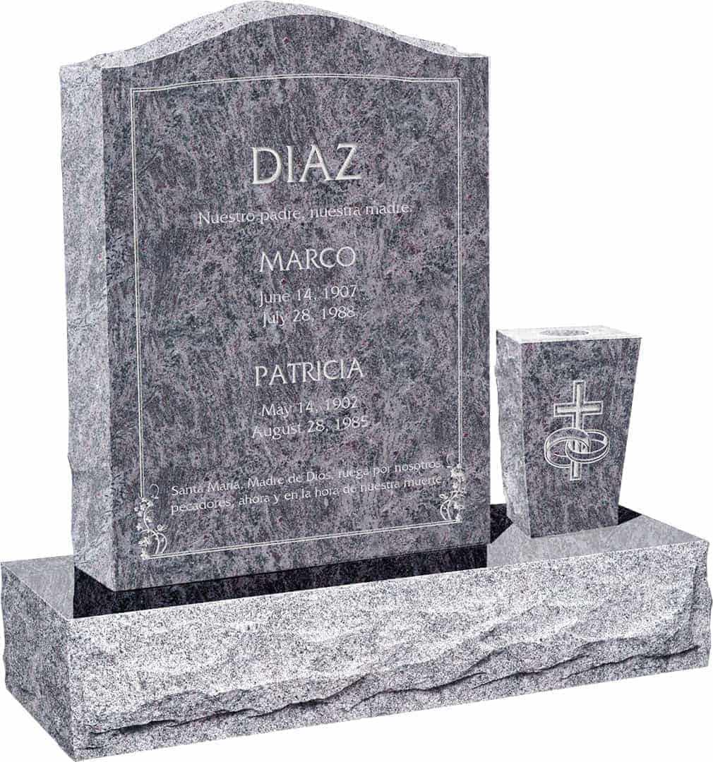 18inch_x_6inch_x24inch_Serp_Top_Upright_Headstone_polished_front_and_back_with_30inch_Base_and_square_tapered_Vase_in_Bahama_Blue_with_design_AS-003 18 inch x 6 inch x 24 inch Serp Top Upright Headstone polished front and back with 30 inch Base and square tapered Vase in Bahama Blue with design AS-003