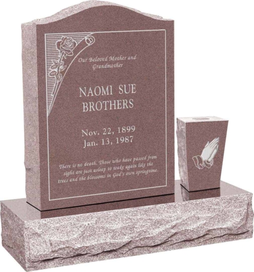 18 inch x 6 inch x 24 inch Serp Top Upright Headstone polished front and back with 30 inch Base and square tapered Vase in Desert Pink with design B-10