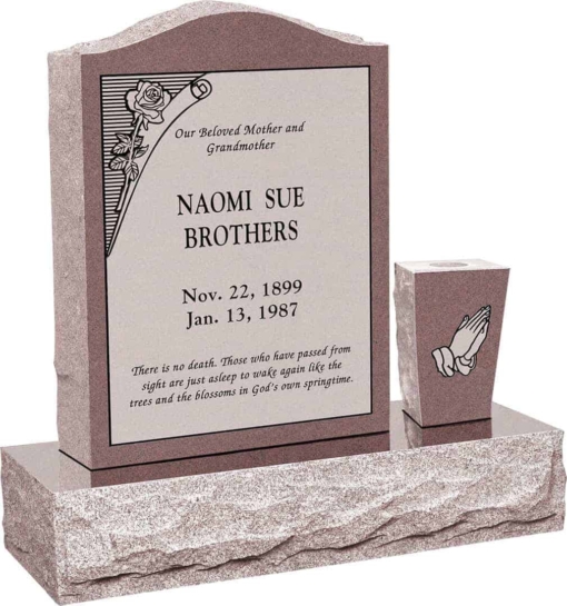 18 inch x 6 inch x 24 inch Serp Top Upright Headstone polished front and back with 30 inch Base and square tapered Vase in Desert Pink with design B-10 Sanded Panel