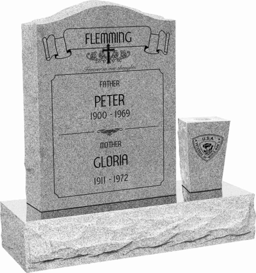18 inch x 6 inch x 24 inch Serp Top Upright Headstone polished front and back with 30 inch Base and square tapered Vase in Grey with design AS-021