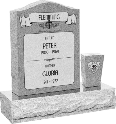 18 inch x 6 inch x 24 inch Serp Top Upright Headstone polished front and back with 30 inch Base and square tapered Vase in Grey with design AS-021 Sanded Panel