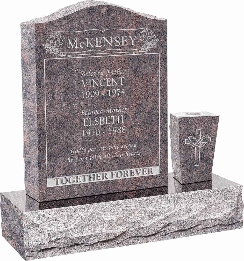 18inch_x_6inch_x24inch_Serp_Top_Upright_Headstone_polished_front_and_back_with_30inch_Base_and_square_tapered_Vase_in_Himalayan_with_design_B-19 18 inch x 6 inch x 24 inch Serp Top Upright Headstone polished front and back with 30 inch Base and square tapered Vase in Himalayan with design B-19