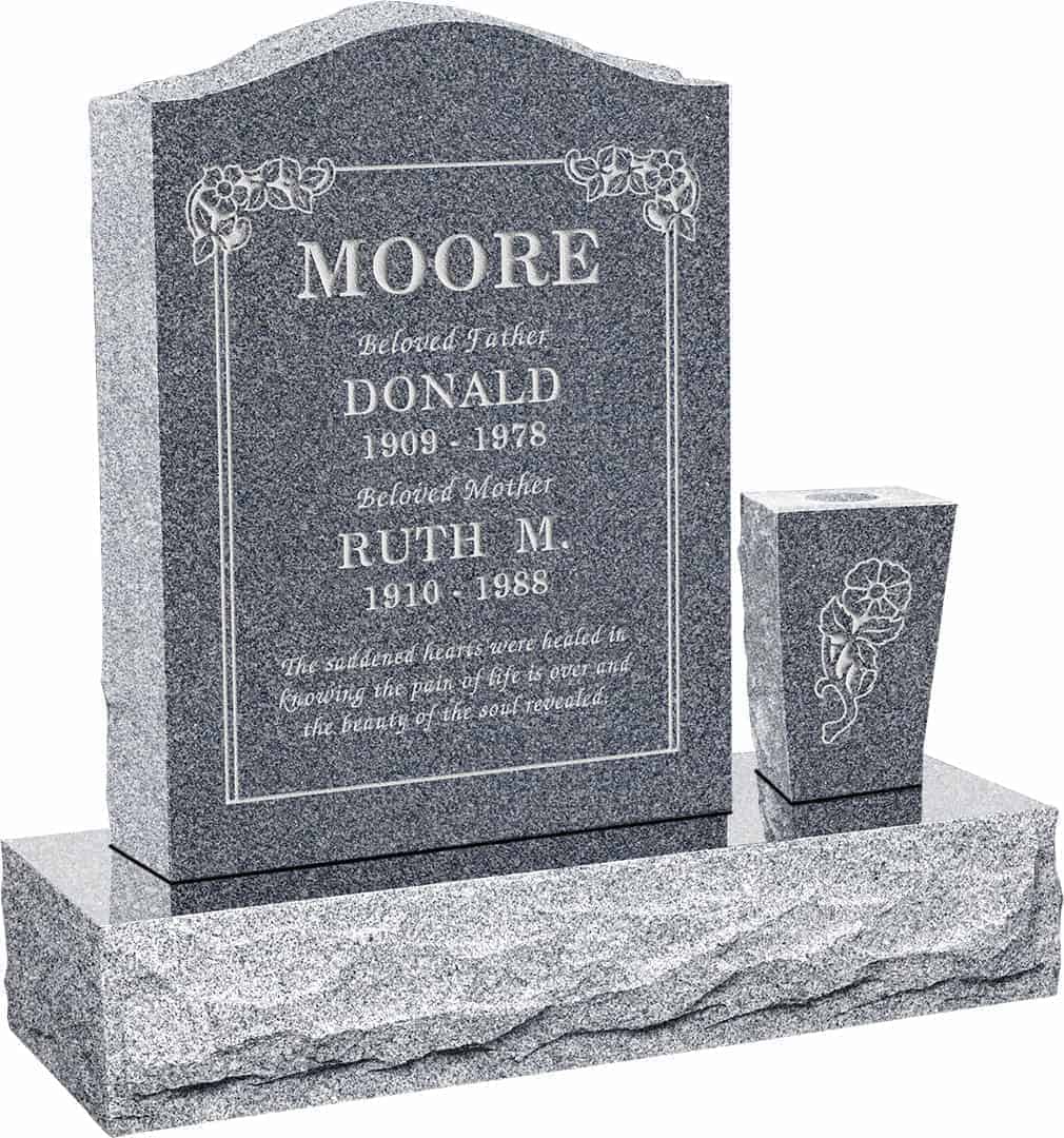 18inch_x_6inch_x24inch_Serp_Top_Upright_Headstone_polished_front_and_back_with_30inch_Base_and_square_tapered_Vase_in_Imperial_Grey_with_design_B-21 18 inch x 6 inch x 24 inch Serp Top Upright Headstone polished front and back with 30 inch Base and square tapered Vase in Imperial Grey with design B-21