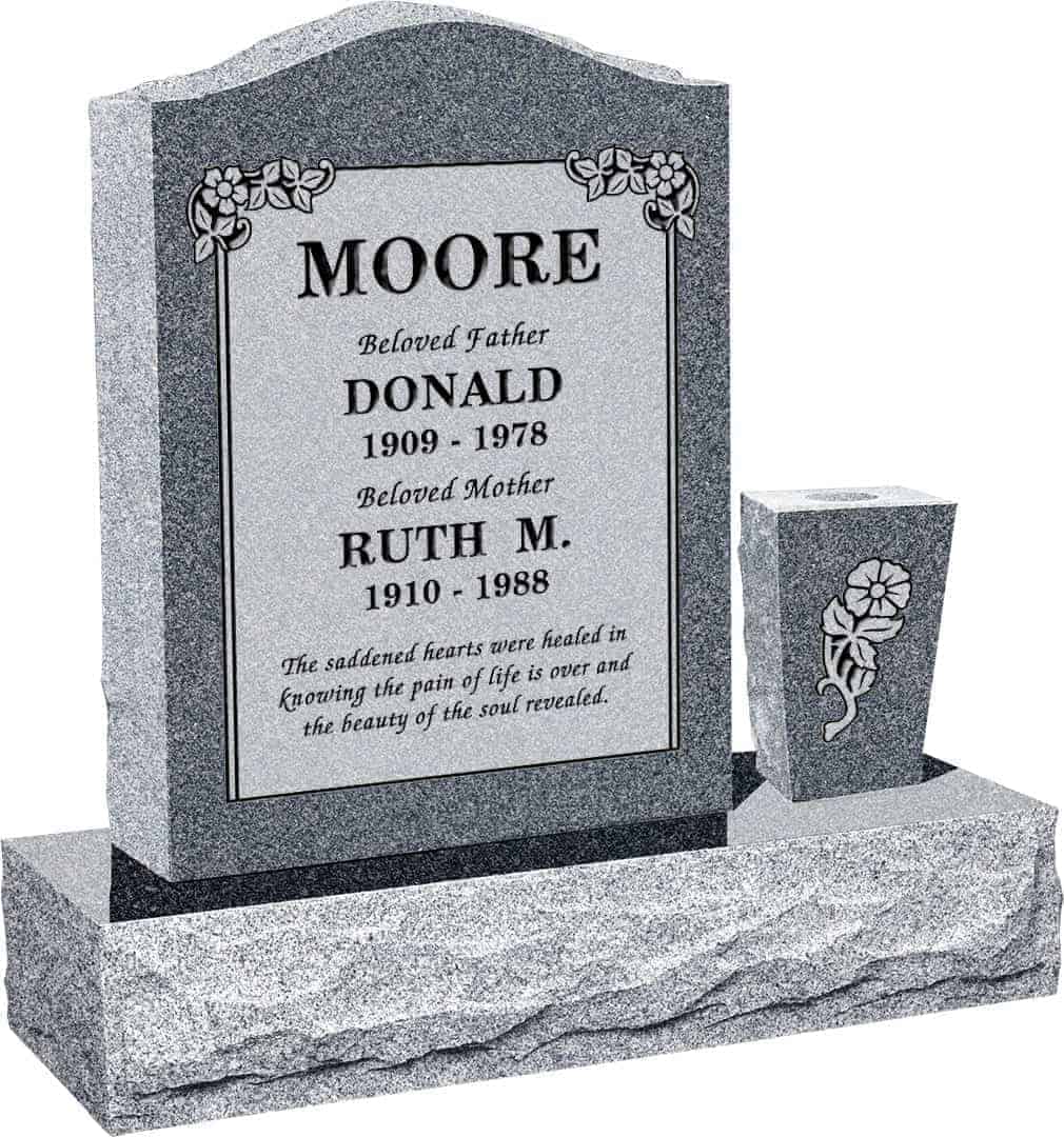18inch_x_6inch_x24inch_Serp_Top_Upright_Headstone_polished_front_and_back_with_30inch_Base_and_square_tapered_Vase_in_Imperial_Grey_with_design_B-21_Sanded_Panel 18 inch x 6 inch x 24 inch Serp Top Upright Headstone polished front and back with 30 inch Base and square tapered Vase in Imperial Grey with design B-21 Sanded Panel