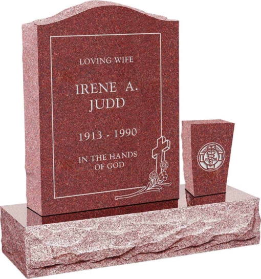 18 inch x 6 inch x 24 inch Serp Top Upright Headstone polished front and back with 30 inch Base and square tapered Vase in Imperial Red with design C-46