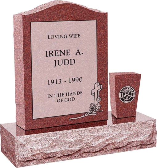 18 inch x 6 inch x 24 inch Serp Top Upright Headstone polished front and back with 30 inch Base and square tapered Vase in Imperial Red with design V-46 Sanded Panel