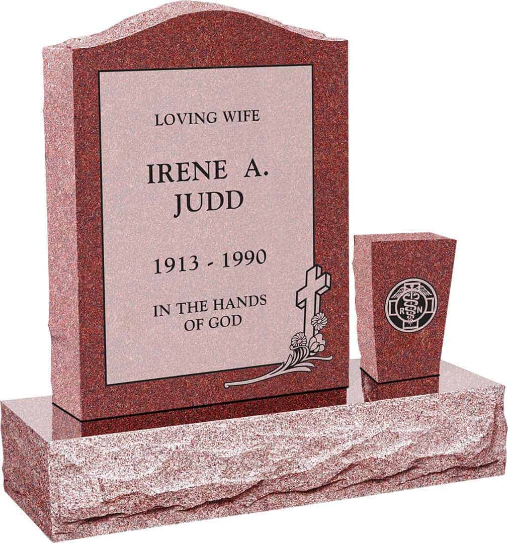 18inch_x_6inch_x24inch_Serp_Top_Upright_Headstone_polished_front_and_back_with_30inch_Base_and_square_tapered_Vase_in_Imperial_Red_with_design_C-46_Sanded_Panel 18 inch x 6 inch x 24 inch Serp Top Upright Headstone polished front and back with 30 inch Base and square tapered Vase in Imperial Red with design V-46 Sanded Panel