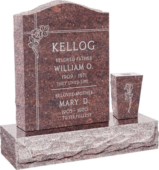 18 inch x 6 inch x 24 inch Serp Top Upright Headstone polished front and back with 30 inch Base and square tapered Vase in Mahogany with design F-106