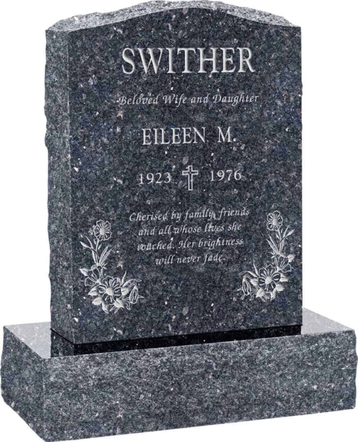 18 inch x 6 inch x 24 inch Serp Top Upright Headstone polished front and back with 24 inch Base in Blue Pearl
