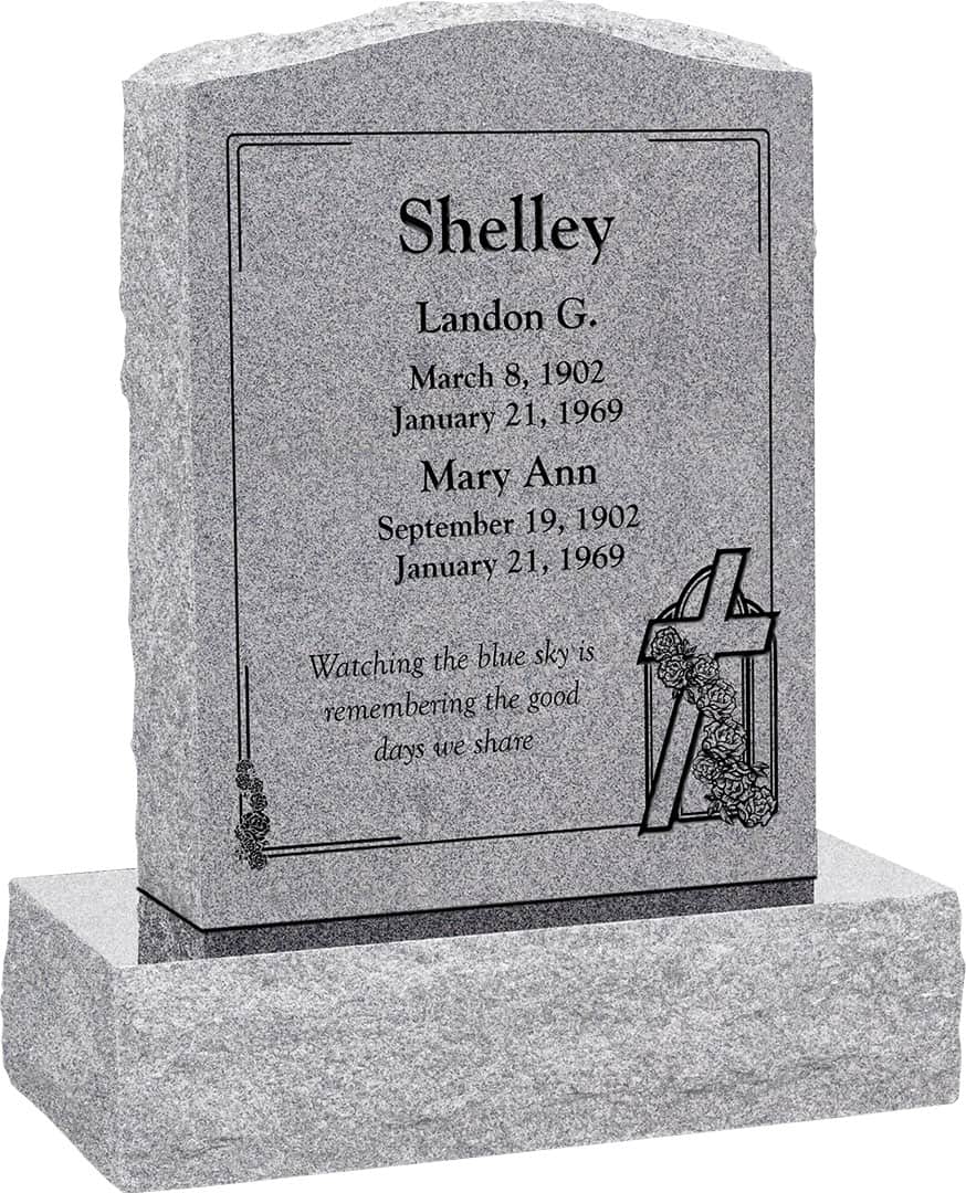 18 inch x 6 inch x 24 inch Serp Top Upright Headstone polished front and back with 24 inch Base in Grey with design AS-012