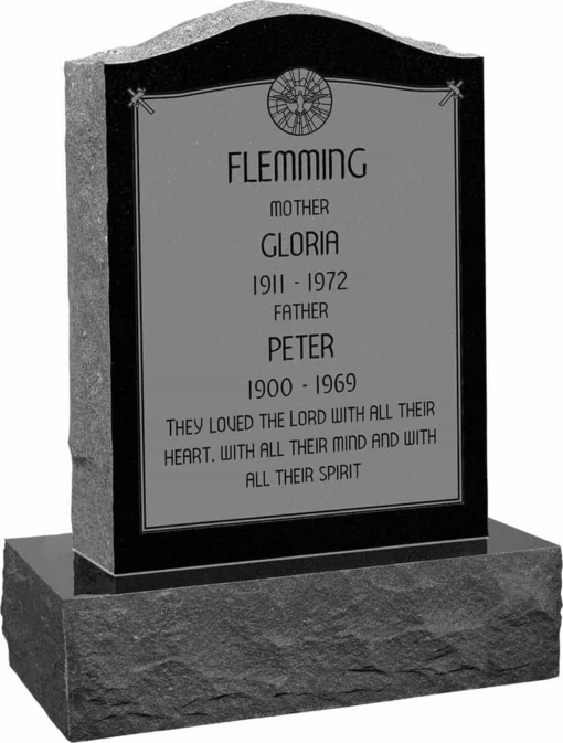 18inch x 6inch x 24inch Serp Top Upright Headstone polished front and back with 24inch Base in Imperial Black with design AS-020 Sanded Panel