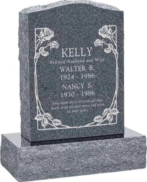 18 inch x 6 inch x 24 inch Serp Top Upright Headstone polished front and back with 24 inch Base in Imperial Grey with design B-1