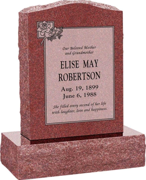 18 inch x 6 inch x 24 inch Serp Top Upright Headstone polished front and back with 24 inch Base in Imperial Red with design B-11