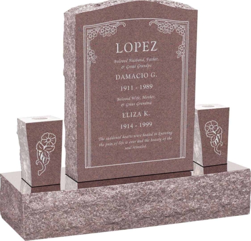18inch x 6inch x 24inch Serp Top Upright Headstone polished front and back with 34inch Base and two square tapered Vases in Desert Pink with design HL-102