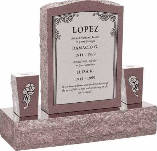 18inch x 6inch x 24inch Serp Top Upright Headstone polished front and back with 34inch Base and two square tapered Vases in Desert Pink with design HL-102 Sanded Panel