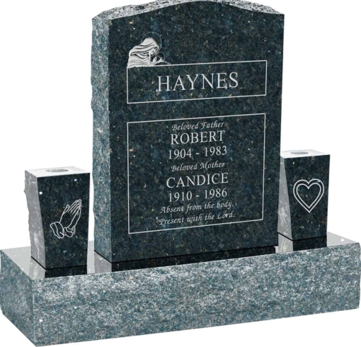 18inch x 6inch x 24inch Serp Top Upright Headstone polished front and back with 34inch Base and two square tapered Vases in Emerald Pearl with design R-4