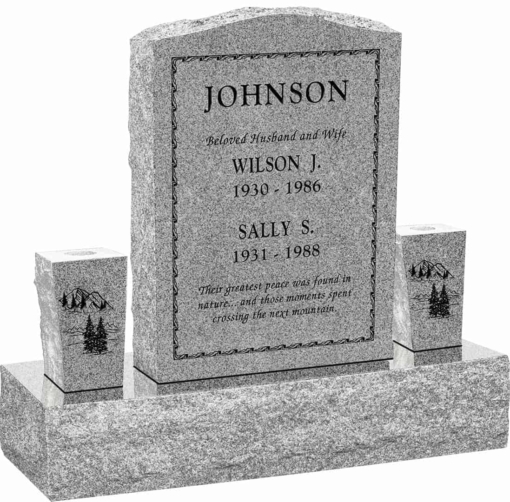 18inch x 6inch x 24inch Serp Top Upright Headstone polished front and back with 34inch Base and two square tapered Vases in Grey with design B-3