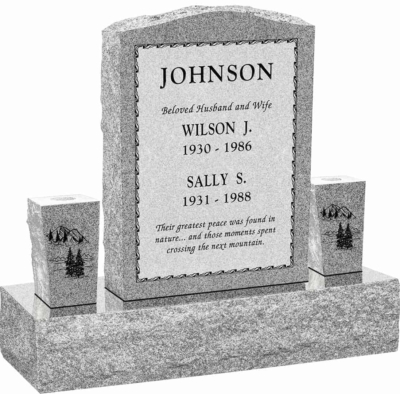 Serp Top Upright Headstone polished front and back with 34" Base and two square tapered Vases