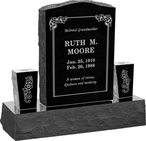18inch x 6inch x 24inch Serp Top Upright Headstone polished front and back with 34inch Base and two square tapered Vases in Imperial Black with design B-21