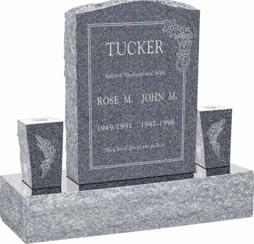 18inch x 6inch x 24inch Serp Top Upright Headstone polished front and back with 34inch Base and two square tapered Vases in Imperial Grey with design C-21