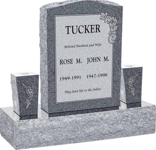 18inch x 6inch x 24inch Serp Top Upright Headstone polished front and back with 34inch Base and two square tapered Vases in Imperial Grey with design C-21 Sanded Panel