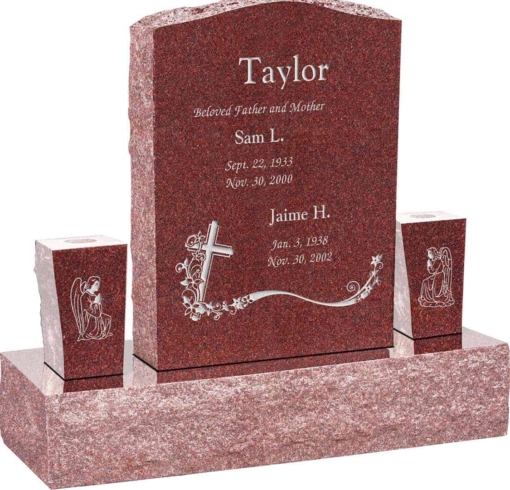 18inch x 6inch x 24inch Serp Top Upright Headstone polished front and back with 34inch Base and two square tapered Vase in Imperial Red with design AS-022