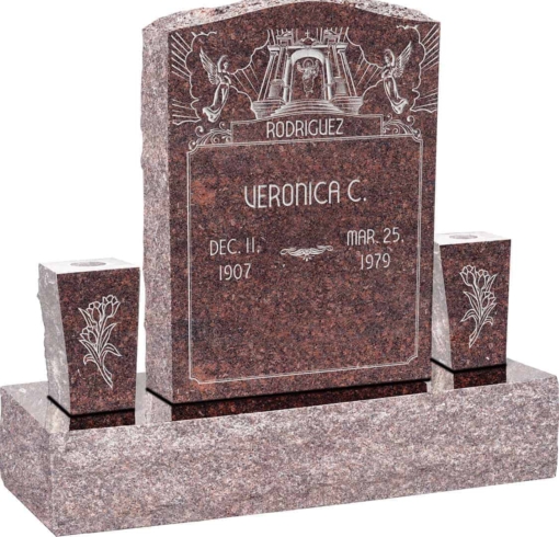 18inch x 6inch x 24inch Serp Top Upright Headstone polished front and back with 34inch Base and two square tapered Vases in Mahogany with design AS-024
