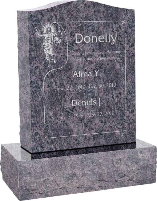 18inch x 6inch x 24inch Serp Top Upright Headstone polished top, front and back with 24inch Base in Bahama Blue with design AS-018