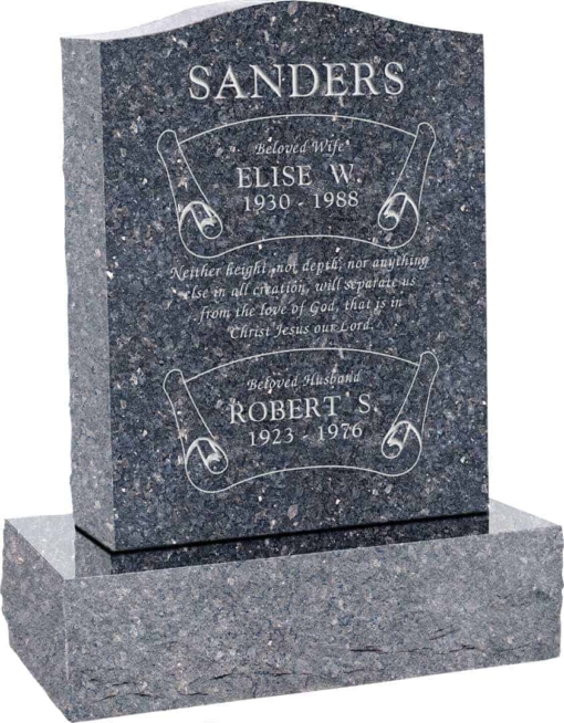18inch x 6inch x 24inch Serp Top Upright Headstone polished top, front and back with 24inch Base in Blue Pearl with design B-7