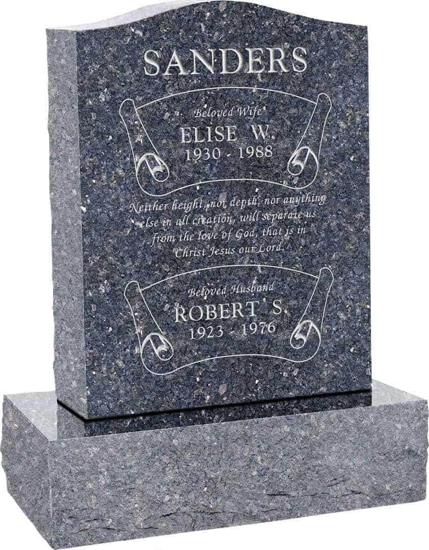 18inch x 6inch x 24inch Serp Top Upright Headstone polished top, front and back with 24inch Base in Blue Pearl with design B-7