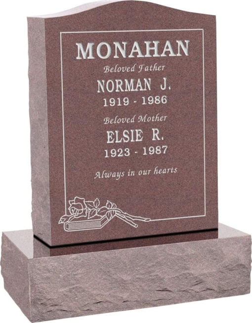 18inch x 6inch x 24inch Serp Top Upright Headstone polished top, front and back with 24inch Base in Desert Pink with design B-16