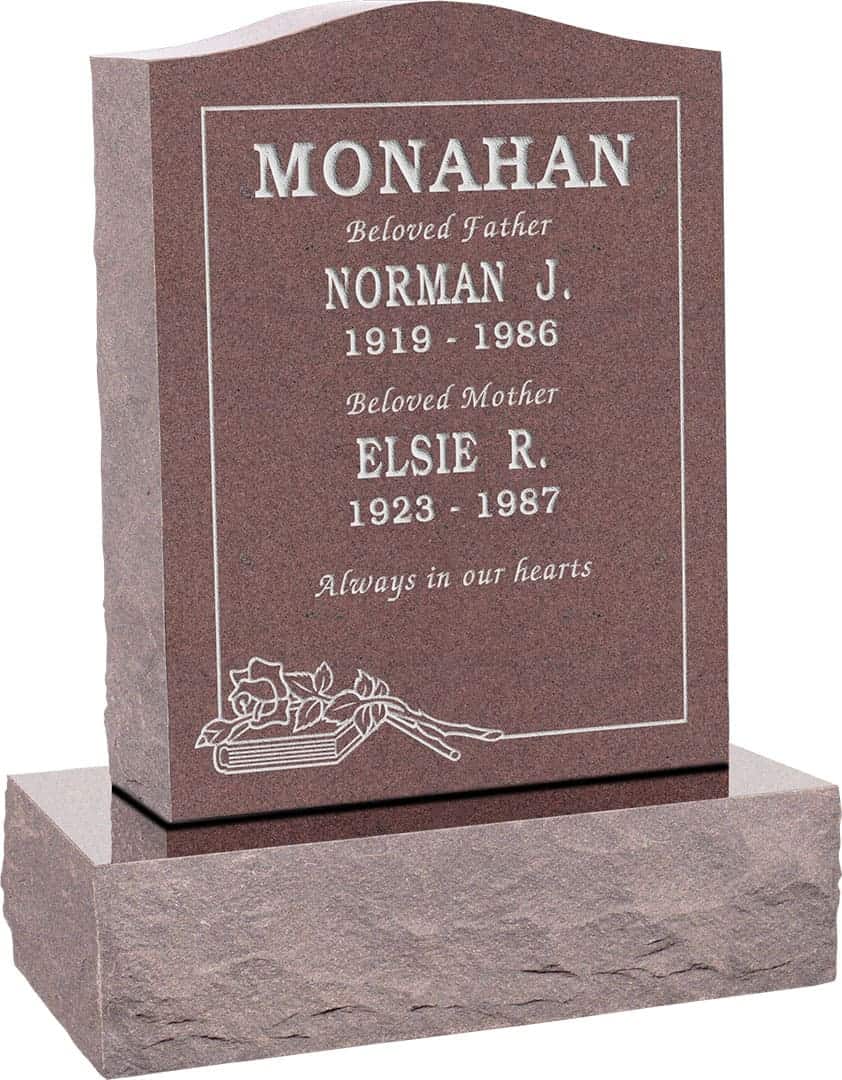 18inch x 6inch x 24inch Serp Top Upright Headstone polished top, front and back with 24inch Base in Desert Pink with design B-16
