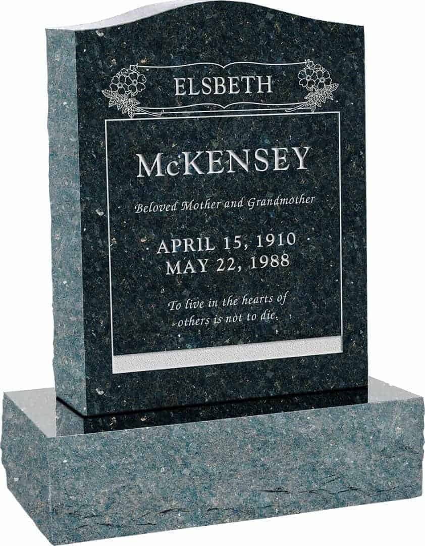 18inch x 6inch x 24inch Serp Top Upright Headstone polished top, front and back with 24inch Base in Emerald Pearl with design B-19