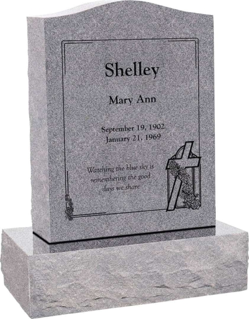 18inch x 6inch x 24inch Serp Top Upright Headstone polished top, front and back with 24inch Base in Grey with design SD-114