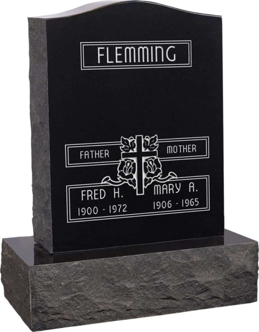 18inch x 6inch x 24inch Serp Top Upright Headstone polished top, front and back with 24inch Base in Imperial Black with design F-111
